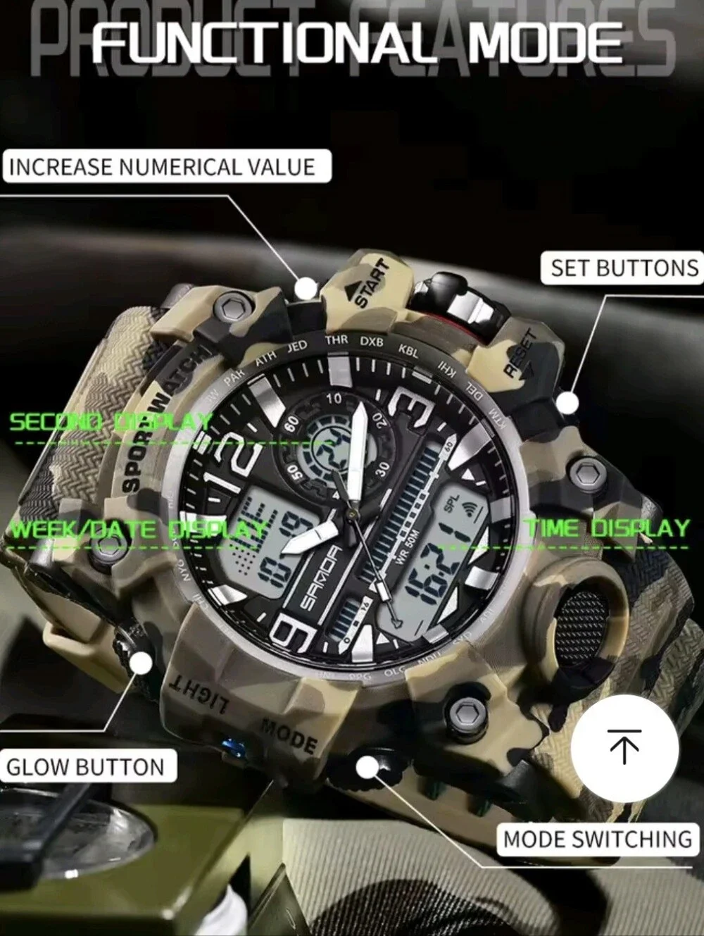 Men's Digital Camouflage Military Style Sports Watch. Waterproof 50M, Resin Case